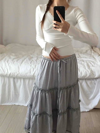 Romantic Flower Lace Tiered Elastic Long Skirt