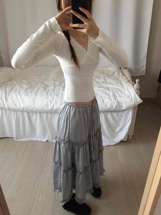 Romantic Flower Lace Tiered Elastic Long Skirt