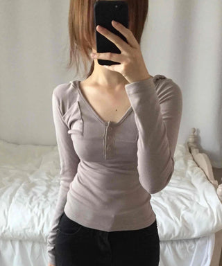 Slim Daily Shirred Sleeve Button Neck T-shirt