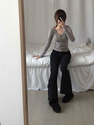 Slim Daily Shirred Sleeve Button Neck T-shirt