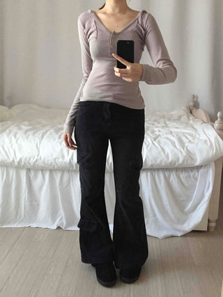 Slim Daily Shirred Sleeve Button Neck T-shirt