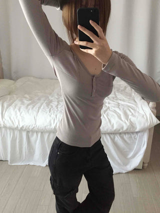 Slim Daily Shirred Sleeve Button Neck T-shirt