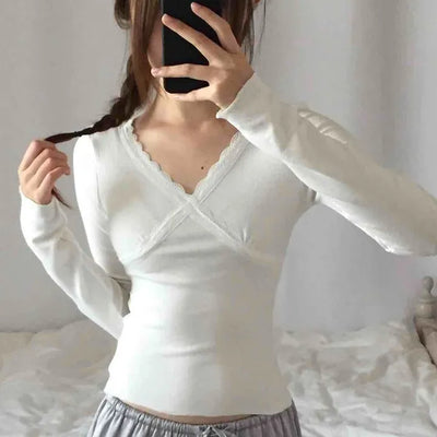 Lovely Cross V-Neck Ribbed Long Sleeve Tee