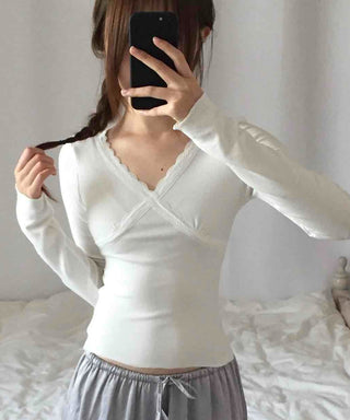Lovely Cross V-Neck Ribbed Long Sleeve Tee