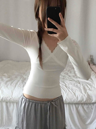 Lovely Cross V-Neck Ribbed Long Sleeve Tee