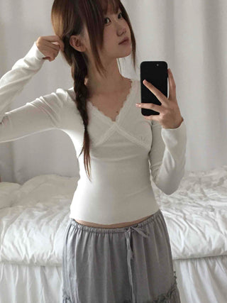 Lovely Cross V-Neck Ribbed Long Sleeve Tee