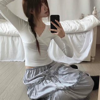 Lovely Cross V-Neck Ribbed Long Sleeve Tee