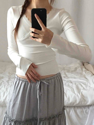 Lovely Cross V-Neck Ribbed Long Sleeve Tee
