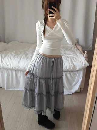 Lovely Cross V-Neck Ribbed Long Sleeve Tee