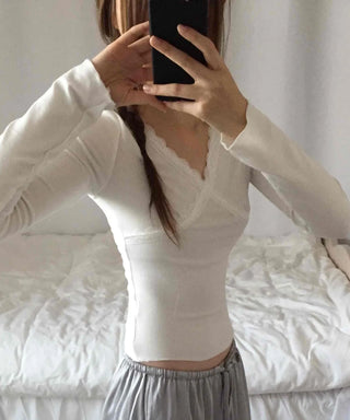 Lovely Cross V-Neck Ribbed Long Sleeve Tee