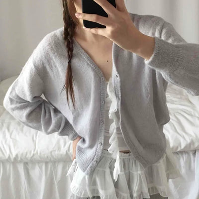 Soft Angora Puff Sleeve Crop Cardigan