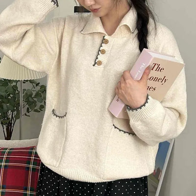 Vintage Collar Button Contrast Loose Fit Knit