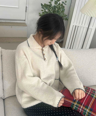 Vintage Collar Button Contrast Loose Fit Knit