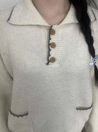 Vintage Collar Button Contrast Loose Fit Knit