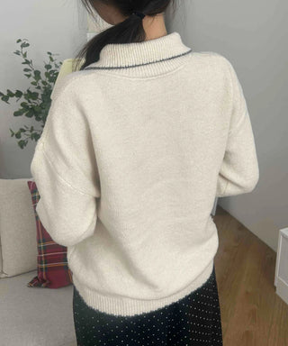 Vintage Collar Button Contrast Loose Fit Knit