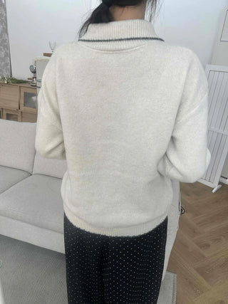 Vintage Collar Button Contrast Loose Fit Knit
