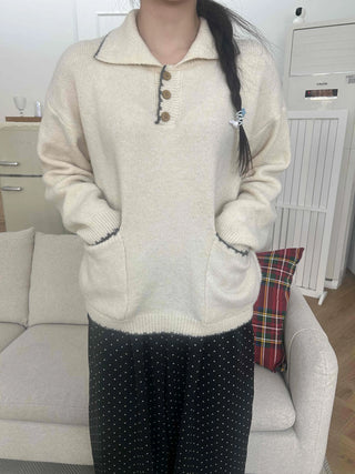 Vintage Collar Button Contrast Loose Fit Knit