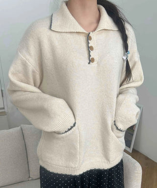 Vintage Collar Button Contrast Loose Fit Knit
