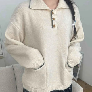 Vintage Collar Button Contrast Loose Fit Knit
