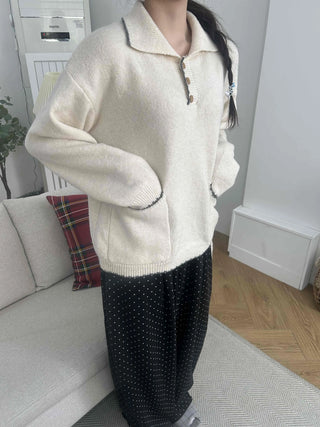 Vintage Collar Button Contrast Loose Fit Knit
