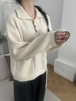 Vintage Collar Button Contrast Loose Fit Knit