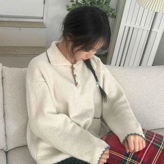 Vintage Collar Button Contrast Loose Fit Knit