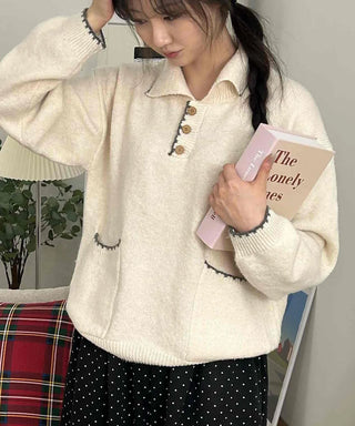 Vintage Collar Button Contrast Loose Fit Knit