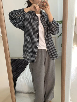 Vintage Classic Gingham Check Oversized Cotton Shirt