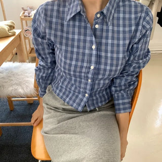 Vintage Navy Check Classic Collar Loose Fit Shirt