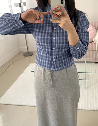 Vintage Navy Check Classic Collar Loose Fit Shirt