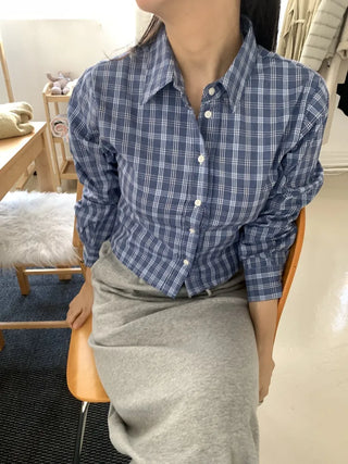 Vintage Navy Check Classic Collar Loose Fit Shirt