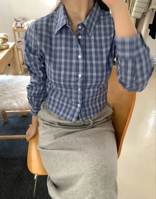 Vintage Navy Check Classic Collar Loose Fit Shirt
