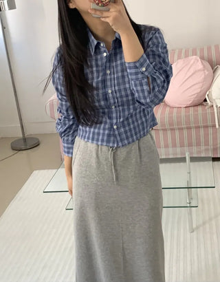 Vintage Navy Check Classic Collar Loose Fit Shirt