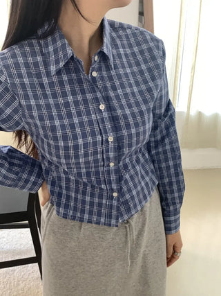 Vintage Navy Check Classic Collar Loose Fit Shirt