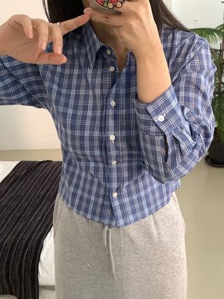 Vintage Navy Check Classic Collar Loose Fit Shirt
