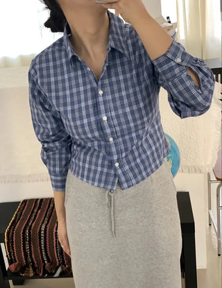Vintage Navy Check Classic Collar Loose Fit Shirt