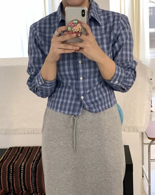 Vintage Navy Check Classic Collar Loose Fit Shirt