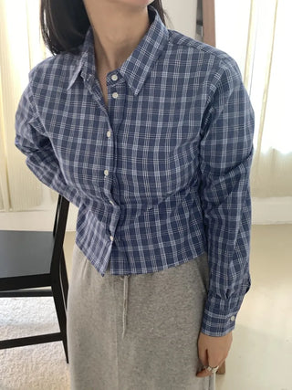 Vintage Navy Check Classic Collar Loose Fit Shirt