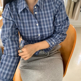 Vintage Navy Check Classic Collar Loose Fit Shirt