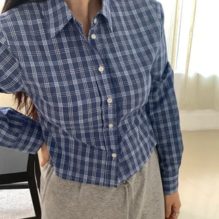Vintage Navy Check Classic Collar Loose Fit Shirt