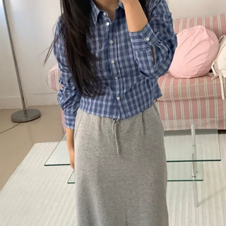 Vintage Navy Check Classic Collar Loose Fit Shirt