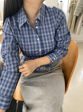 Vintage Navy Check Classic Collar Loose Fit Shirt