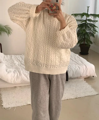 Preppy Bubble Volume Sleeve Aran Knit