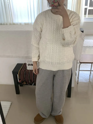 Preppy Bubble Volume Sleeve Aran Knit