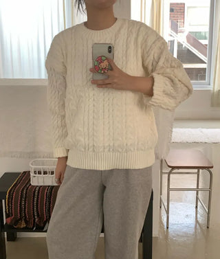 Preppy Bubble Volume Sleeve Aran Knit