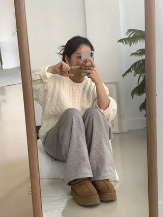 Preppy Bubble Volume Sleeve Aran Knit