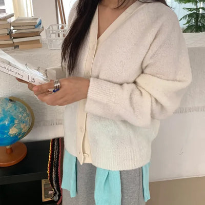 Soft Fuzzy Loose Fit Shoulder Drop V-Neck Cardigan
