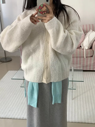 Soft Fuzzy Loose Fit Shoulder Drop V-Neck Cardigan