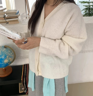 Soft Fuzzy Loose Fit Shoulder Drop V-Neck Cardigan