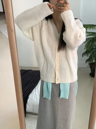 Soft Fuzzy Loose Fit Shoulder Drop V-Neck Cardigan